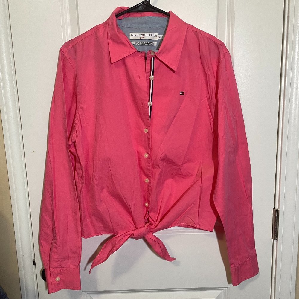 Tommy Hilfiger Jeans Pink Tie-front Long Sleeve Button Down Shirt XL